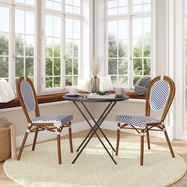 Flash Furniture Lourdes Thonet French Bistro Stacking Chair, White/Navy PE Rattan/Bamboo Print Alum Frame, 2PK 2-SDA-AD642002S-WHNVY-NAT-GG - main